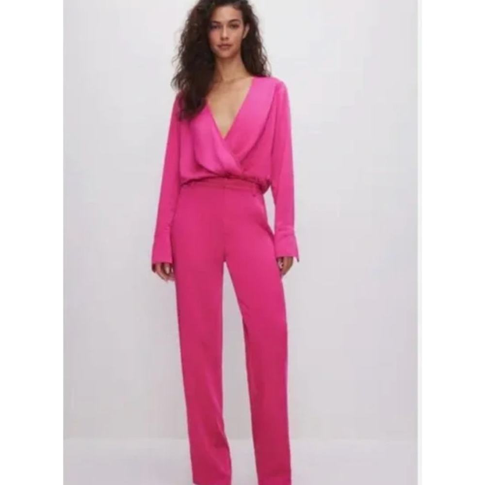 Good American Satin Wrap V-Neck Long Sleeve Blouse Top | Sz XS Pink NEW $149 - Picture 4 of 9